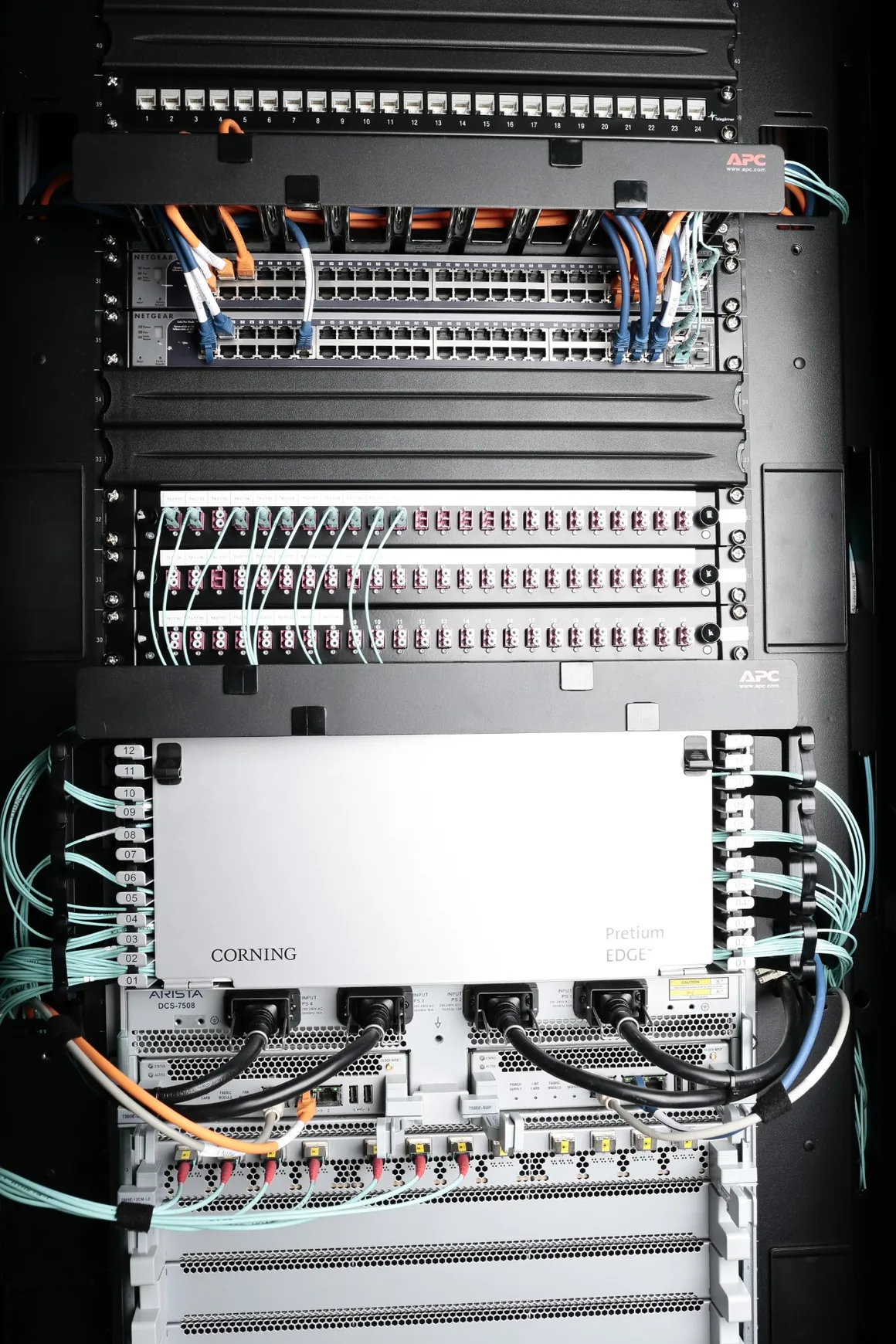 Netzwerkkomponenten in einem professionellen Serverschrank
